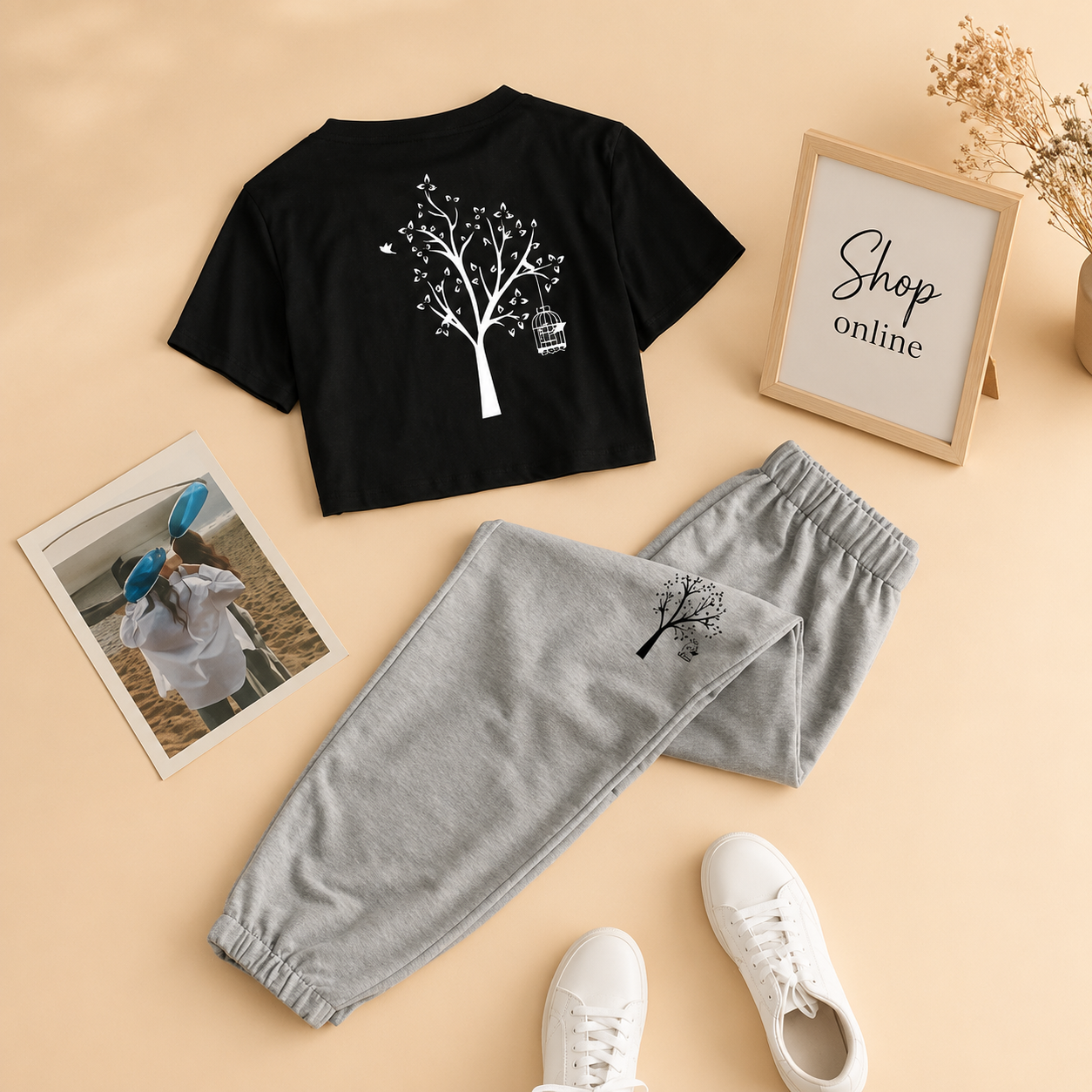 NEW TREE BLACK CROP TSHIRT WITH GREY TROUSER NEW TREE POCKET