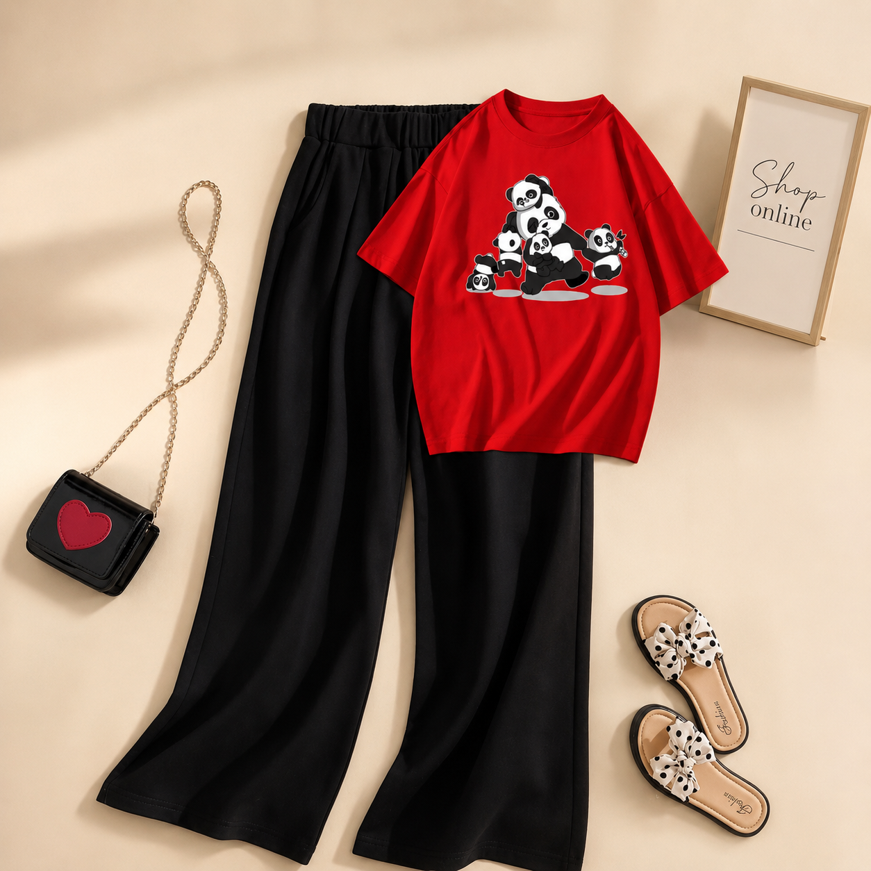 PANDA FAMILY  RED TSHIRT  WITH BLACK FLAPPER