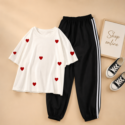 RED HEART ALL OVER WHITE  TSHIRT  WITH 3 STRIPE TROUSER