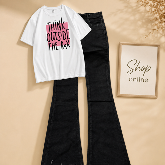 WHITE TSHIRT ( THINK OUTSIDE THE BOX) WITH BLACK BELL BOTTOM JEANS