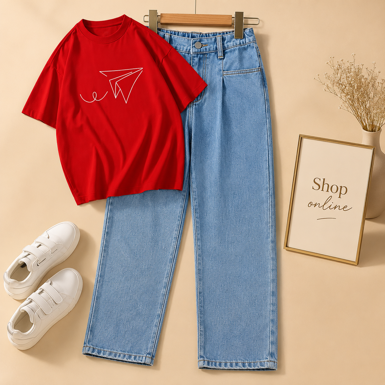 RED TSHIRT ( PAPER AEROPLANE) WITH SKY BLUE MOM JEANS