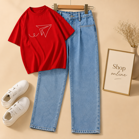 RED TSHIRT ( PAPER AEROPLANE) WITH SKY BLUE MOM JEANS