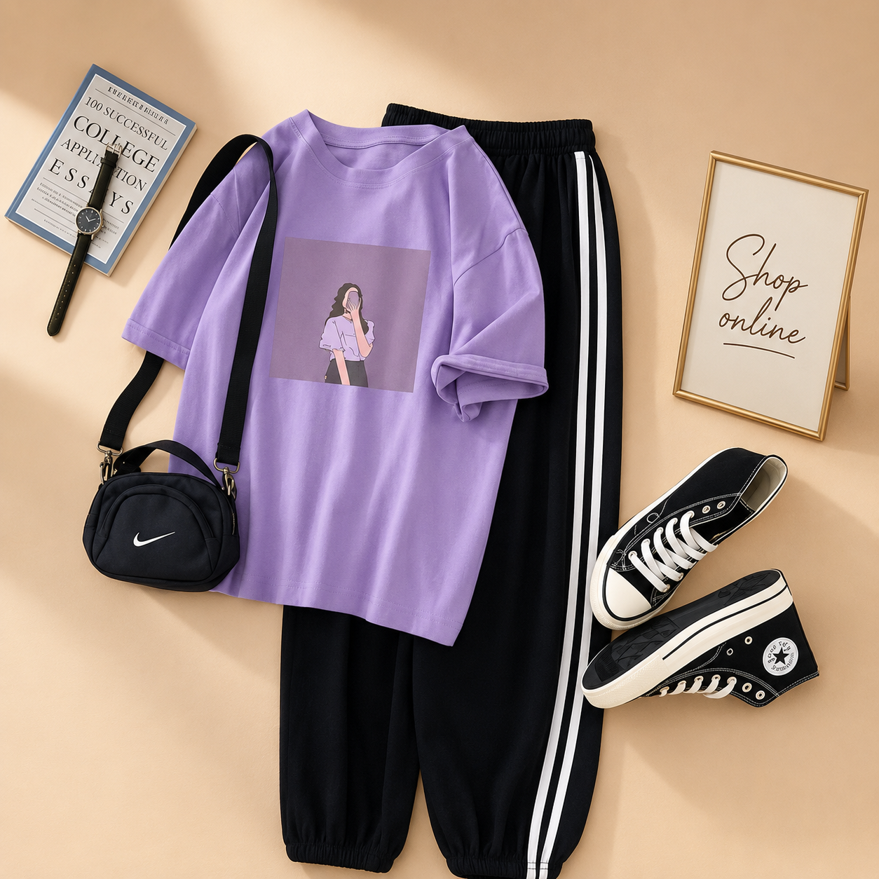 LILAC TSHIRT PURPLE BACKGROUND GIRL WITH 3 STRIPE TROUSER