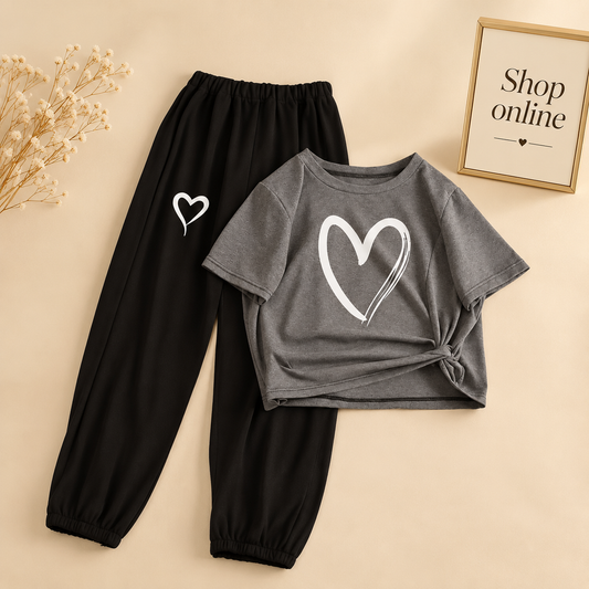 CHARCOAL TSHIRT SHREDED HEART WITH BLACK TROUSER ( SHREDED HEART pocket)