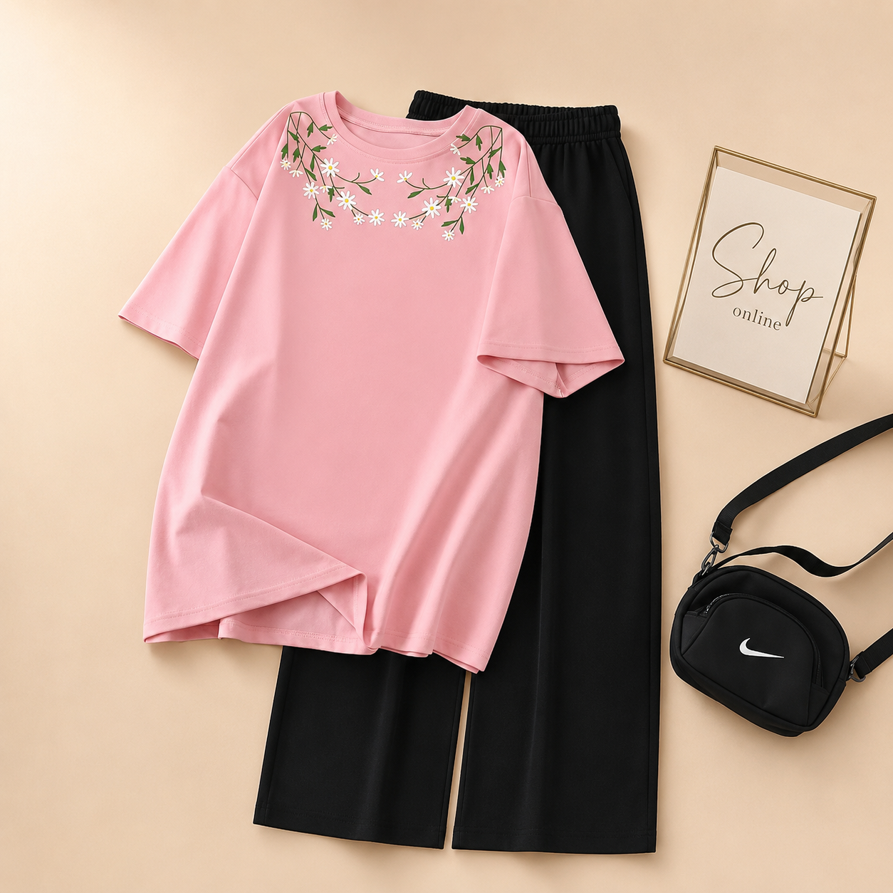FLOWER BAIL PINK TSHIRT  WITH BLACK FLAPPER