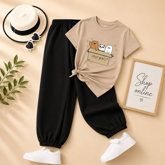 LIGHT BEIGE TSHIRT FREE BEAR WITH BLACK TROUSER
