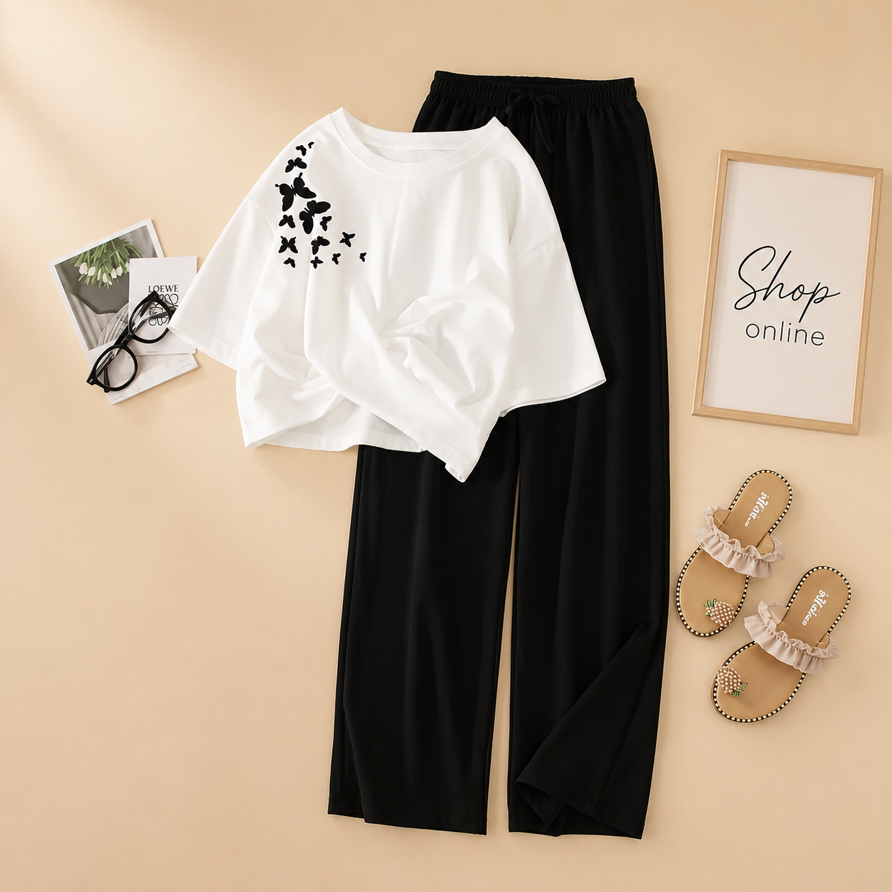 SHOULDER BUTTERFLY WHITE TSHIRT  WITH BLACK FLAPPER