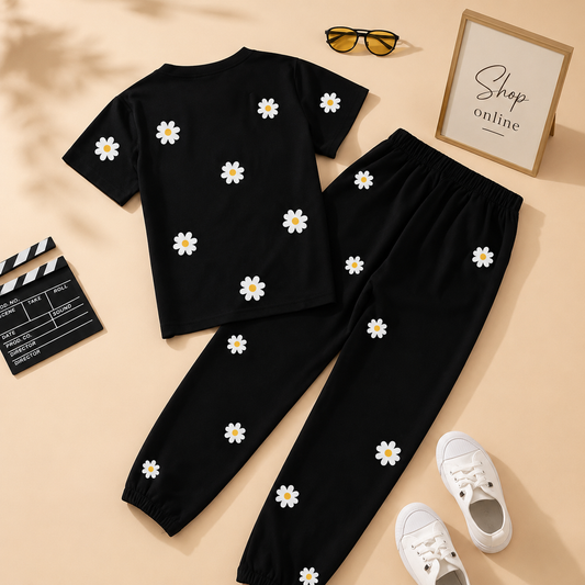 DAISY ALL OVER BLACK TSHIRT WITH BLACK TROUSER( DAISY ALL OVER)