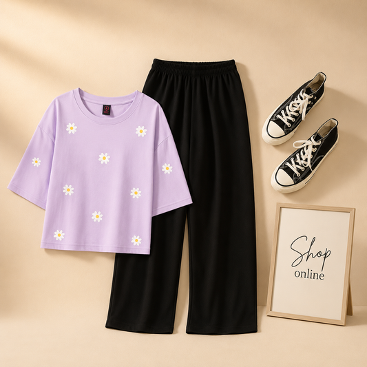 DAISY ALL OVER  LILAC TSHIRT WITH BLACK FLAPPER