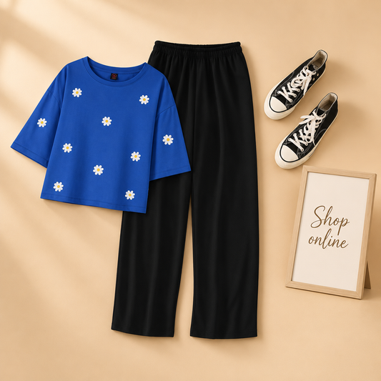 DAISY ALL OVER  ROYAL BLUE TSHIRT WITH BLACK FLAPPER