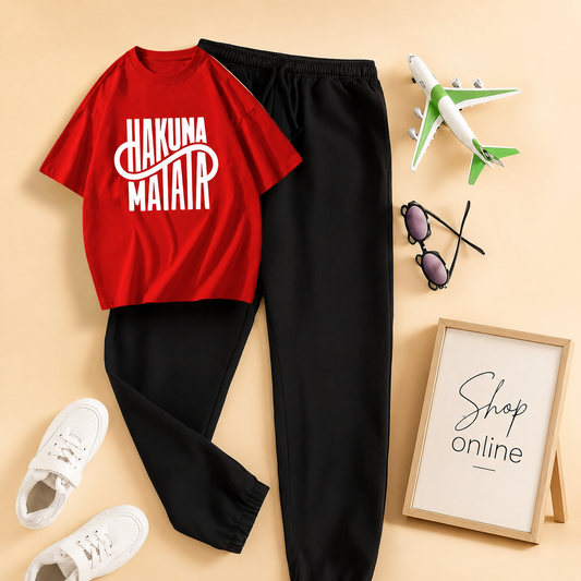 RED T-SHIRT ( HAKUNA MATATA) WITH BLACK TROUSER