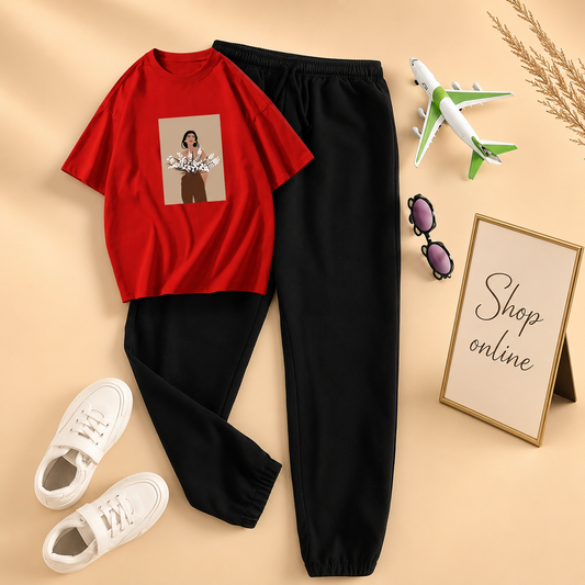 FLOWER GIRL RED TSHIRT WITH BLACK TROUSER