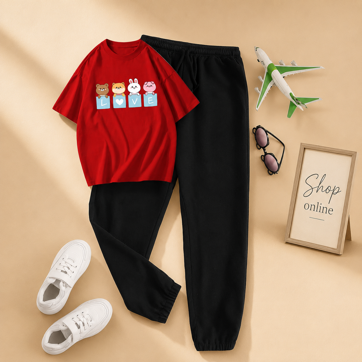 LOVE CARTOON RED TSHIRT WITH BLACK TROUSER