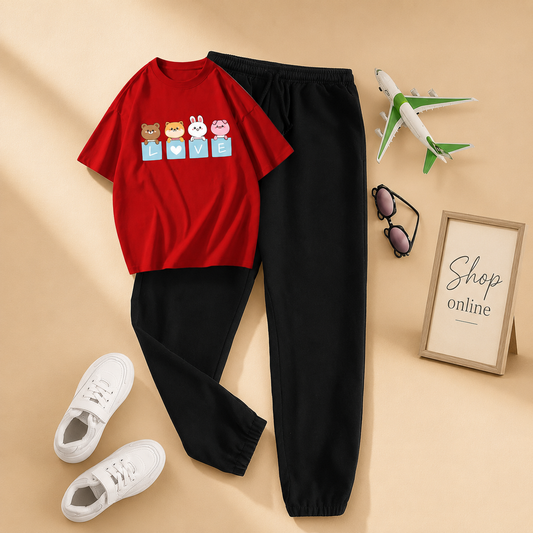 LOVE CARTOON RED TSHIRT WITH BLACK TROUSER