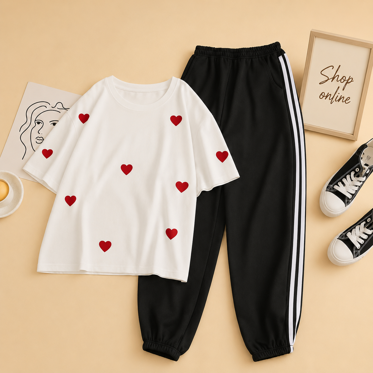 RED HEARTS ALL OVER WHITE TSHIRT WITH BLACK 3 STRIPE TROUSER