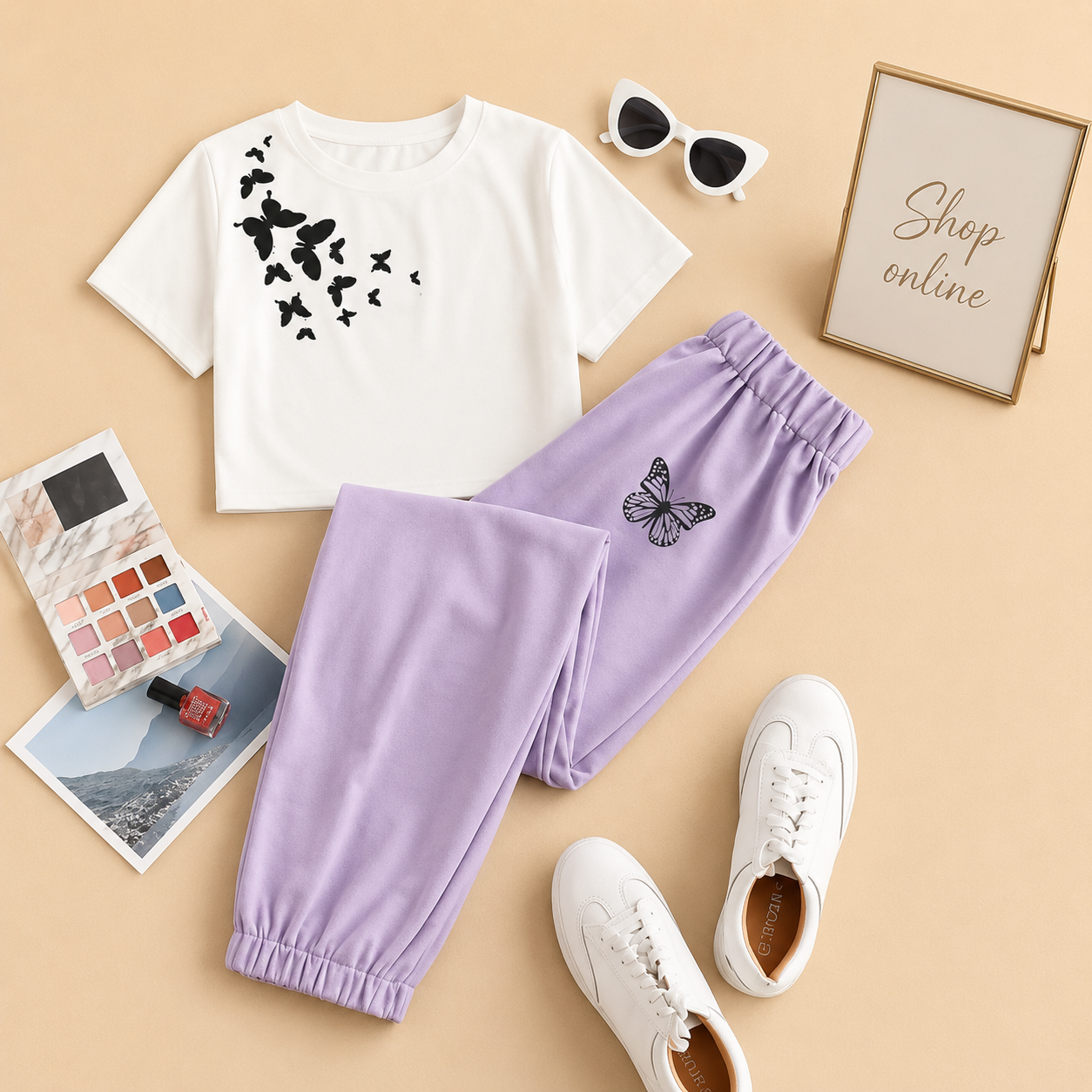 SHOULDER BUTTERFLIES WHITE TSHIRT WITH LILAC TROUSER( pocket black butterfly)