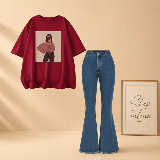 OFF SHOULDER GIRL RED TSHIRT WITH SKY BLUE BELL BOTTOM JEANS