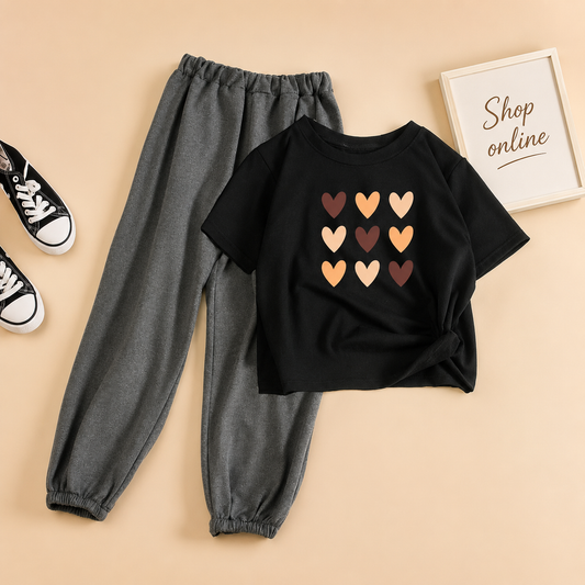 BLACK T-SHIRT ( BROWN HEARTS) WITH CHARCOAL TROUSER