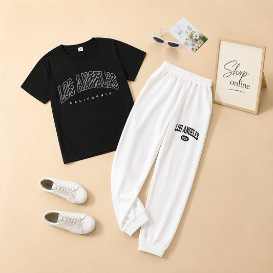LOS ANGELES BLACK TSHIRT WITH WHITE TROUSER( LOS ANGELES POCKET)