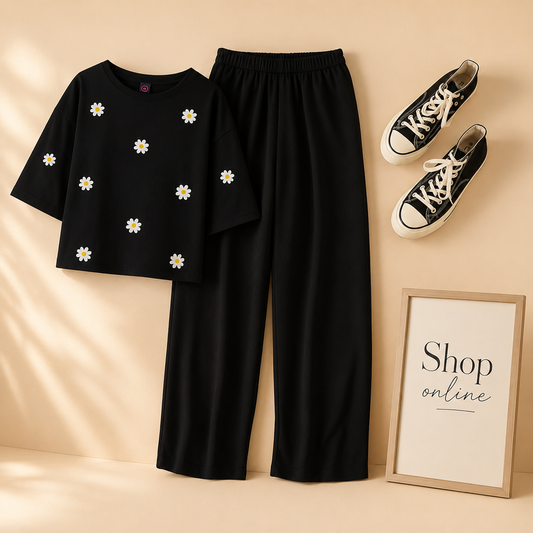 DAISY ALL OVER BLACK TSHIRT WITH BLACK FLAPPER
