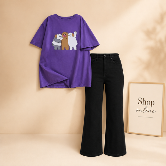 TOGETHER BEAR PURPLE TSHIRT WITH BLACK WIDE LEG JEANS