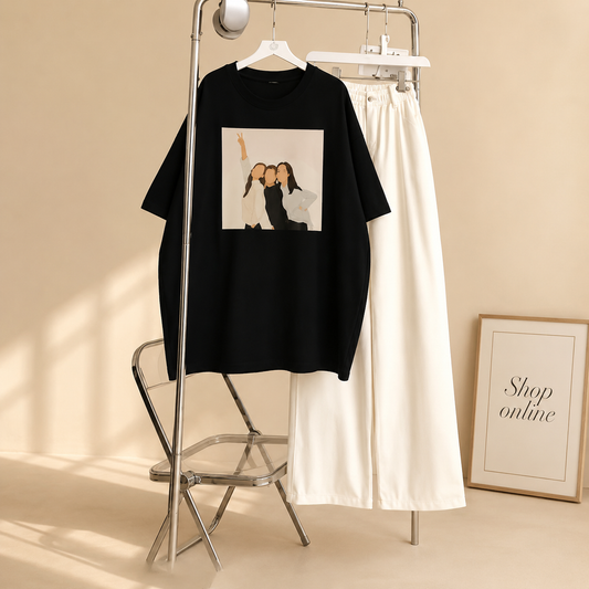 THREE GIRLS WITH BACKGROUND BLACK TSHIRT WITH WHITE WIDE LEG JEANS