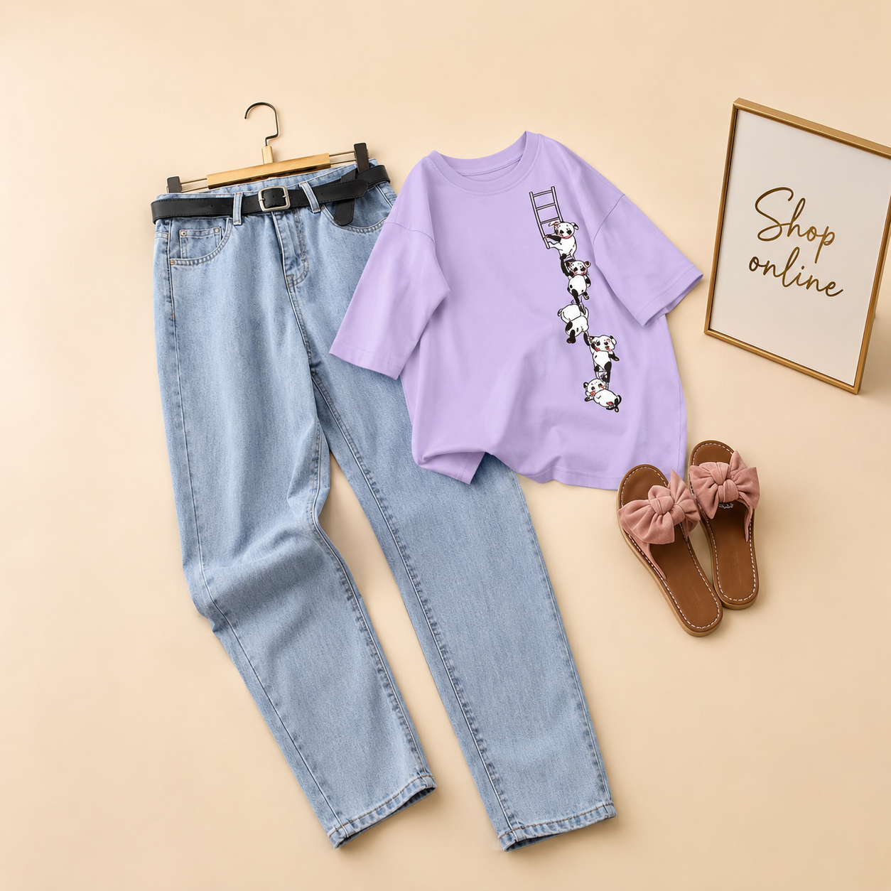 PANDA LADDER LILAC TSHIRT WITH ICE BLUE MOM JEANS