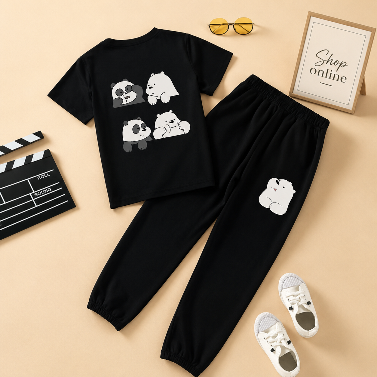 FOUR BEARS BLACK TSHIRT WITH BLACK TROUSER ( ICE BEAR POCKET)
