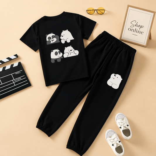 FOUR BEARS BLACK TSHIRT WITH BLACK TROUSER ( ICE BEAR POCKET)