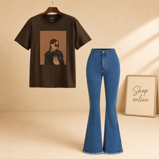 COFFEE GIRL BROWN TSHIRT WITH SKY BLUE BELL BOTTOM JEANS