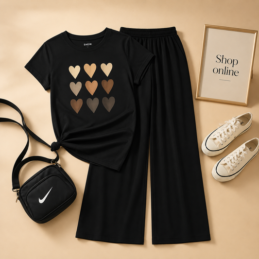 BROWN HEARTS BLACK TSHIRT WITH BLACK FLAPPER