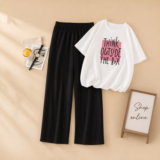 THINK OUTSIDE THE BOX WHITE TSHIRT WITH BLACK FLAPPER