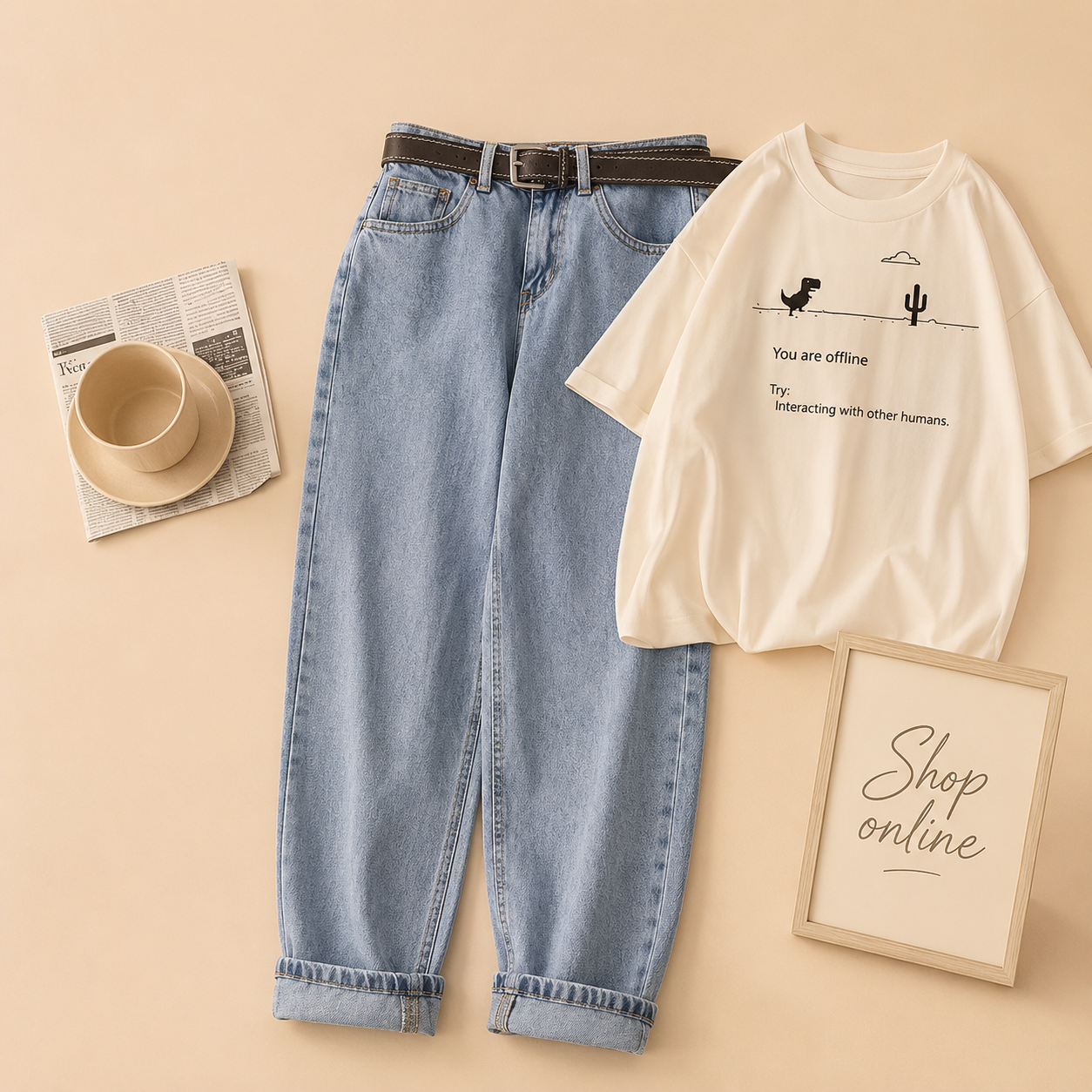 WHITE TEE OFFLINE WITH ICE BLUE MOM JEANS