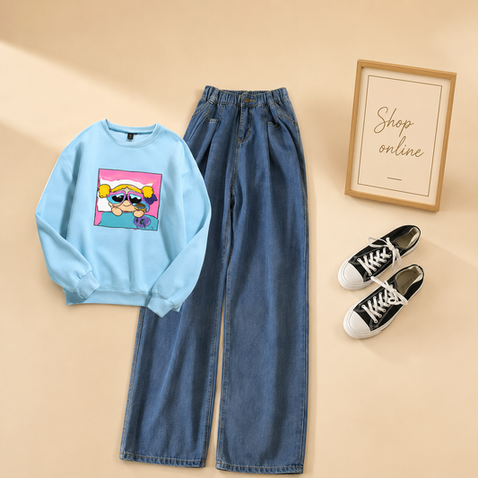 CRYING POWERPUFF SKY BLUE SWEATSHIRT WITH MID BLUE WIDE LEG JEANS