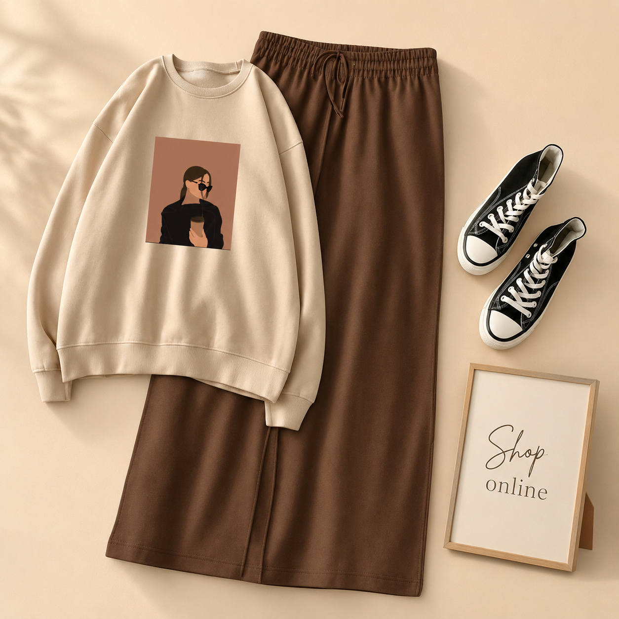 COFEE GIRL BEIGE SWEATSHIRT WITH BROWN FLAPPER