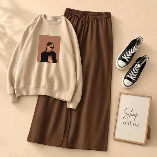 COFEE GIRL BEIGE SWEATSHIRT WITH BROWN FLAPPER