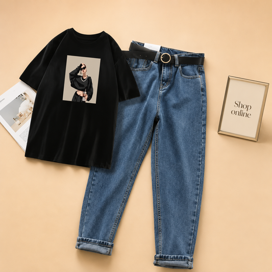 BLACK TEE NECKLACE GIRL WITH MID BLUE MOM JEANS