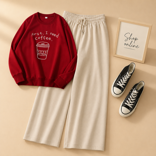 FIRST I NEED COFEE MAROON SWEATSHIRT WITH BIEGE FLAPPER