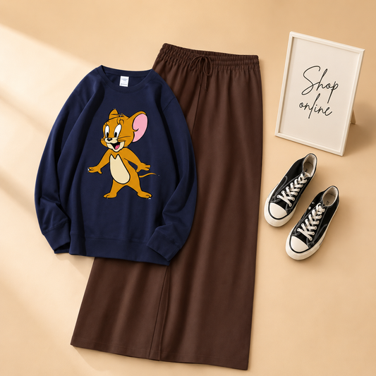 JERRY SWEATSHIRT NAVY BLUE WITH BROWN FLAPPER