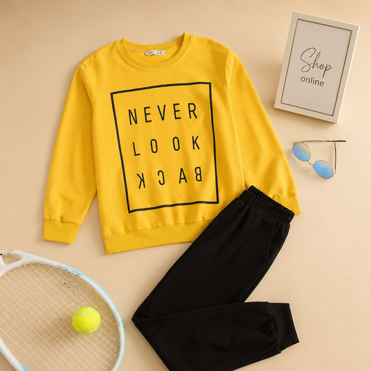 YELLOW SWEAT TRACKSUIT PRINTED NEVER LOOK BACK