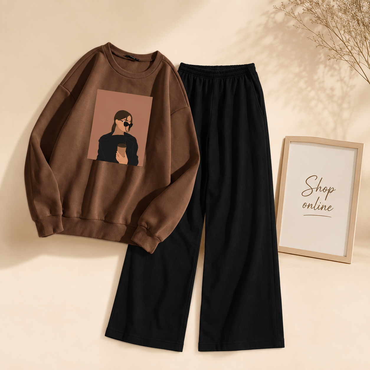 COFEE GIRL BROWN SWEATSHIRT WITH FLAPPER