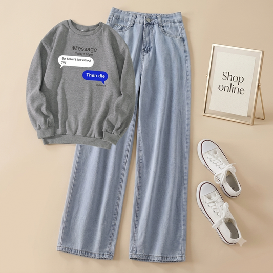TEXT MESSAGE GREY SWEATSHIRT WITH ICE BLUE WIDE LEG JEANS