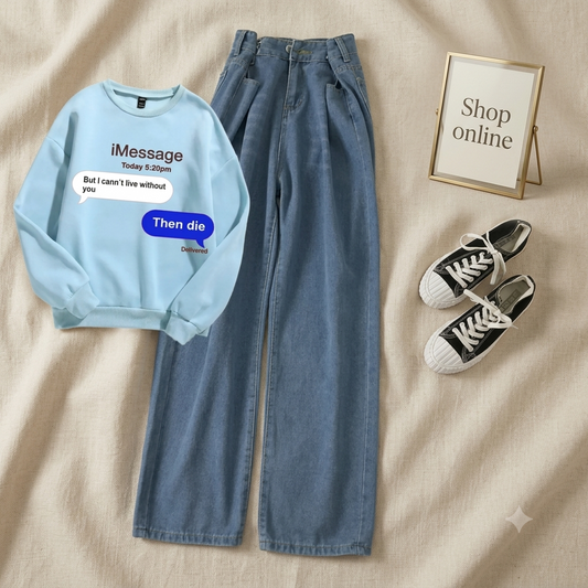 LIGHT BLUE SWEATSHIRT ( IMESSAGE) WITH MID BLUE WIDE LEG JEANS