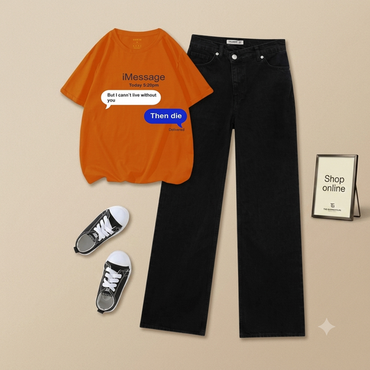 I MESSAGE ORANGE T-SHIRT WITH BLACK WIDE LEG JEANS