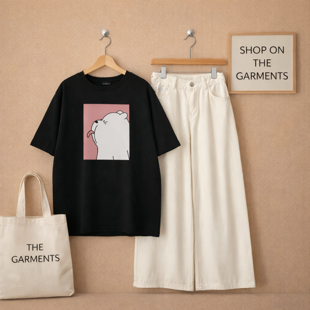 PANDA TONGUE BLACK TSHIRT WITH WHITE WIDE LEG JEANS