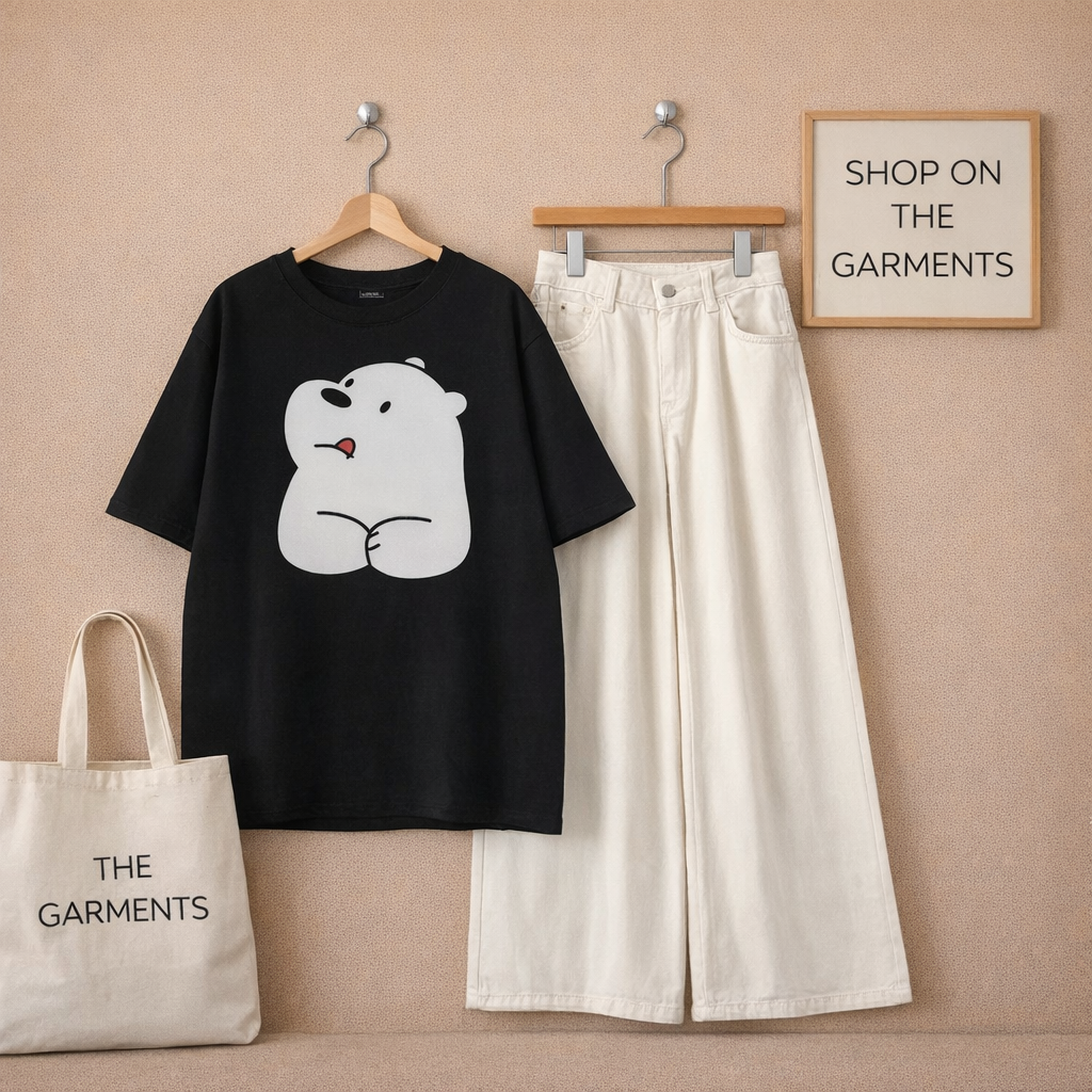BIG ICE BEAR BLACK TSHIRT WITH WHITE WIDE LEG JEANS