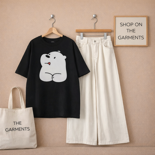 BIG ICE BEAR BLACK TSHIRT WITH WHITE WIDE LEG JEANS