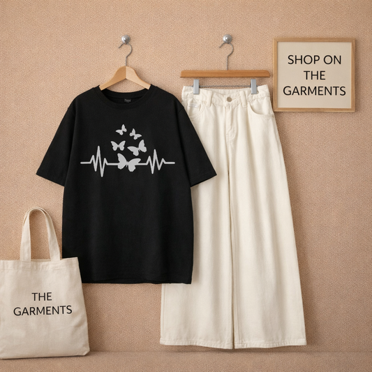 BUTTERFLY HEART BEAT BLACK TSHIRT WITH WHITE WIDE LEG JEANS
