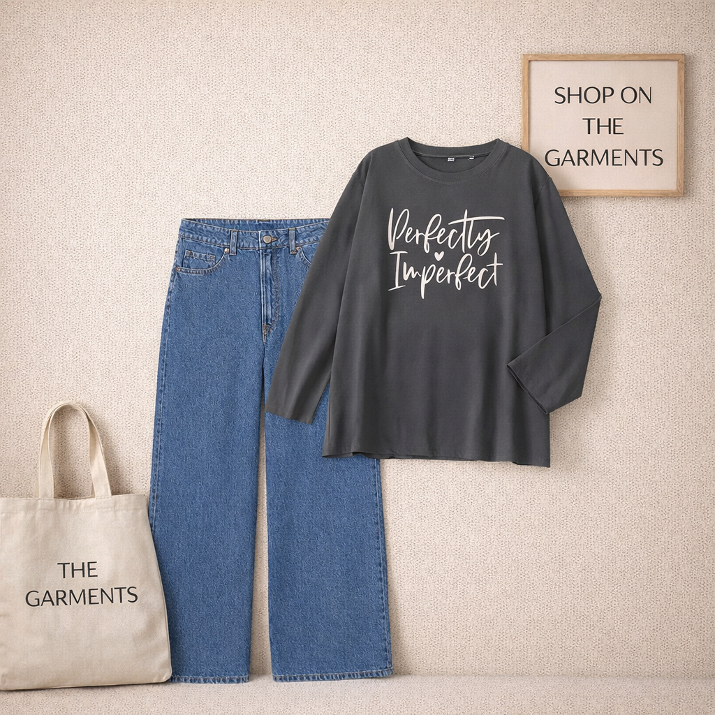 PERFECTLY IMPERFECT CHARCOAL FULL SLEEVES WITH DARK BLUE WIDE LEG  JEANS