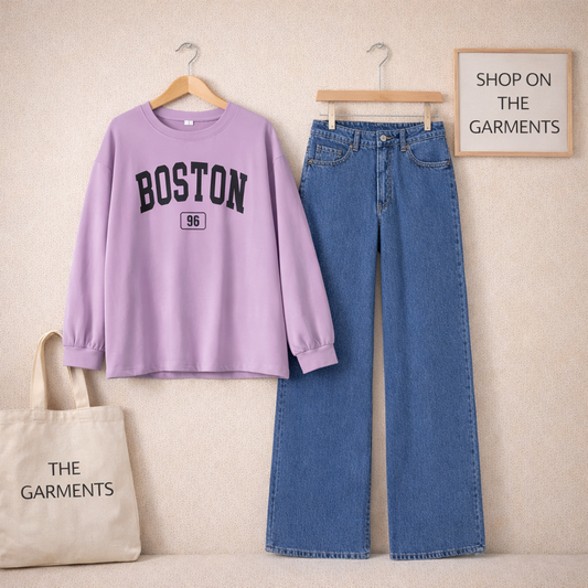 BOSTON LILAC FULL SLEEVES WITH DARK BLUE WIDE LEG  JEANS